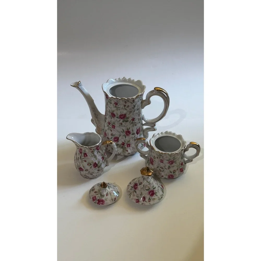 Vintage Lefton China Pink Rose Chintz Teapot Sugar Creamer Set NE661R Japan